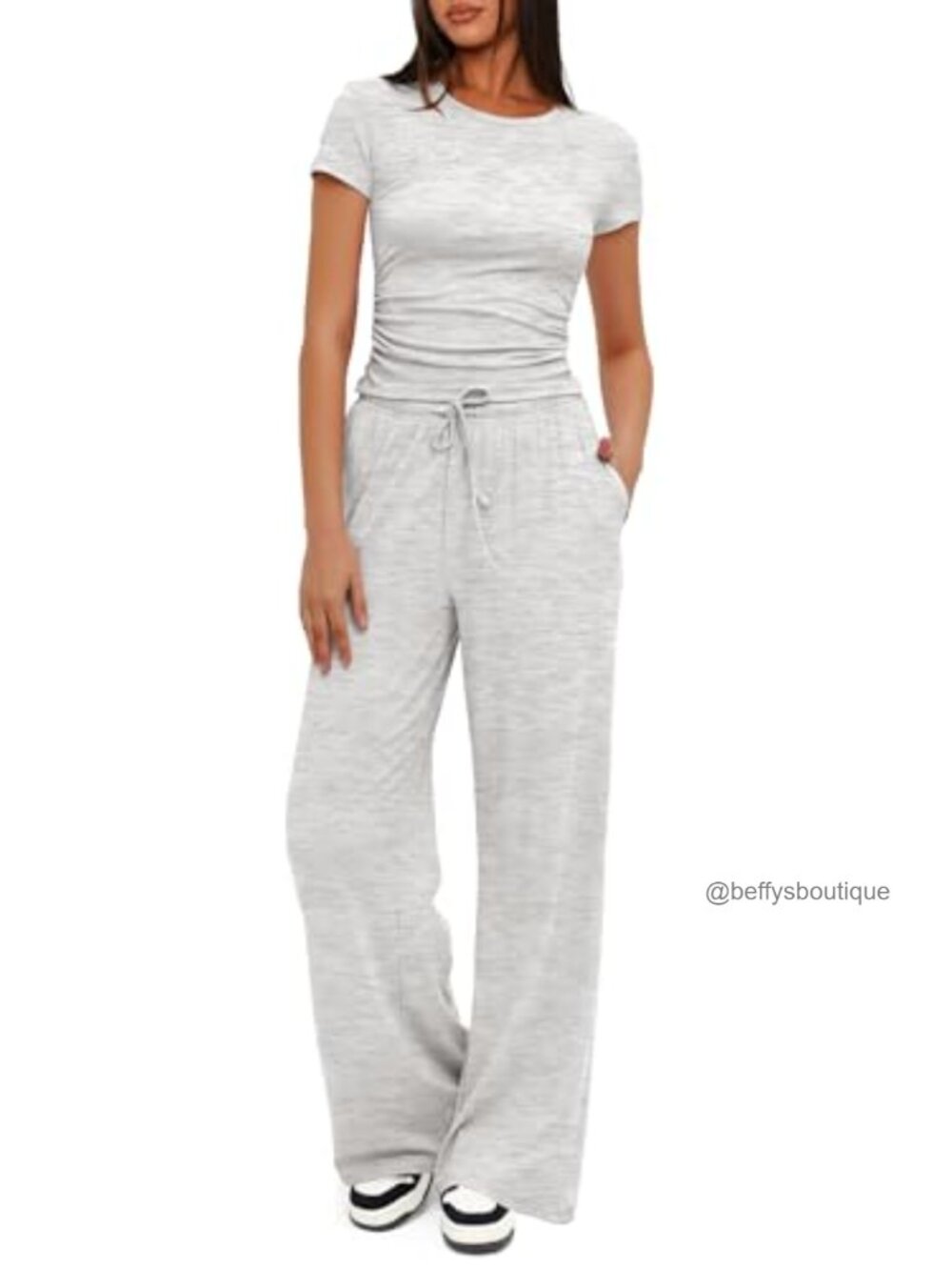 2 Piece Lounge Set Short Sleeve Ruched Top Wide Leg Pants Travel Outfit
